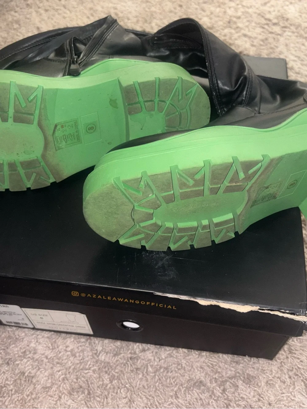Womens  Black Leather Boots with Green Sole